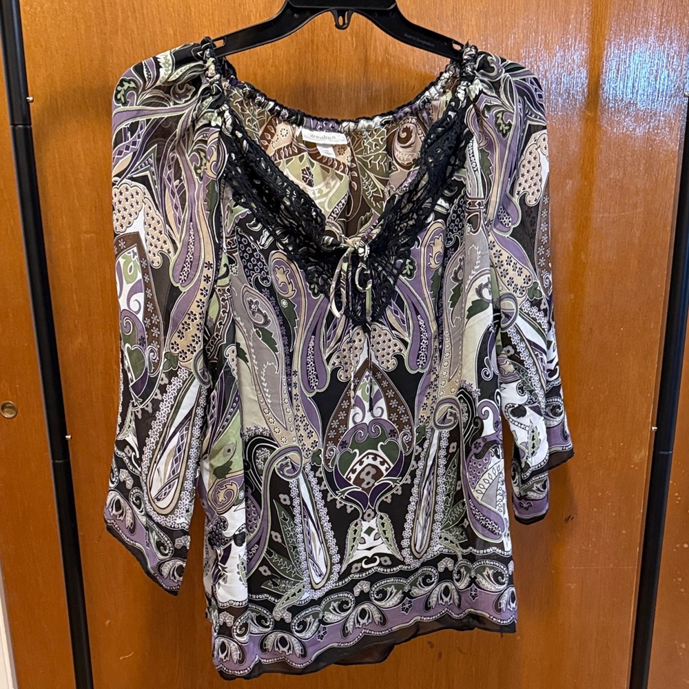 Dressbarn Multicolor Paisley Blouse with Black Lace